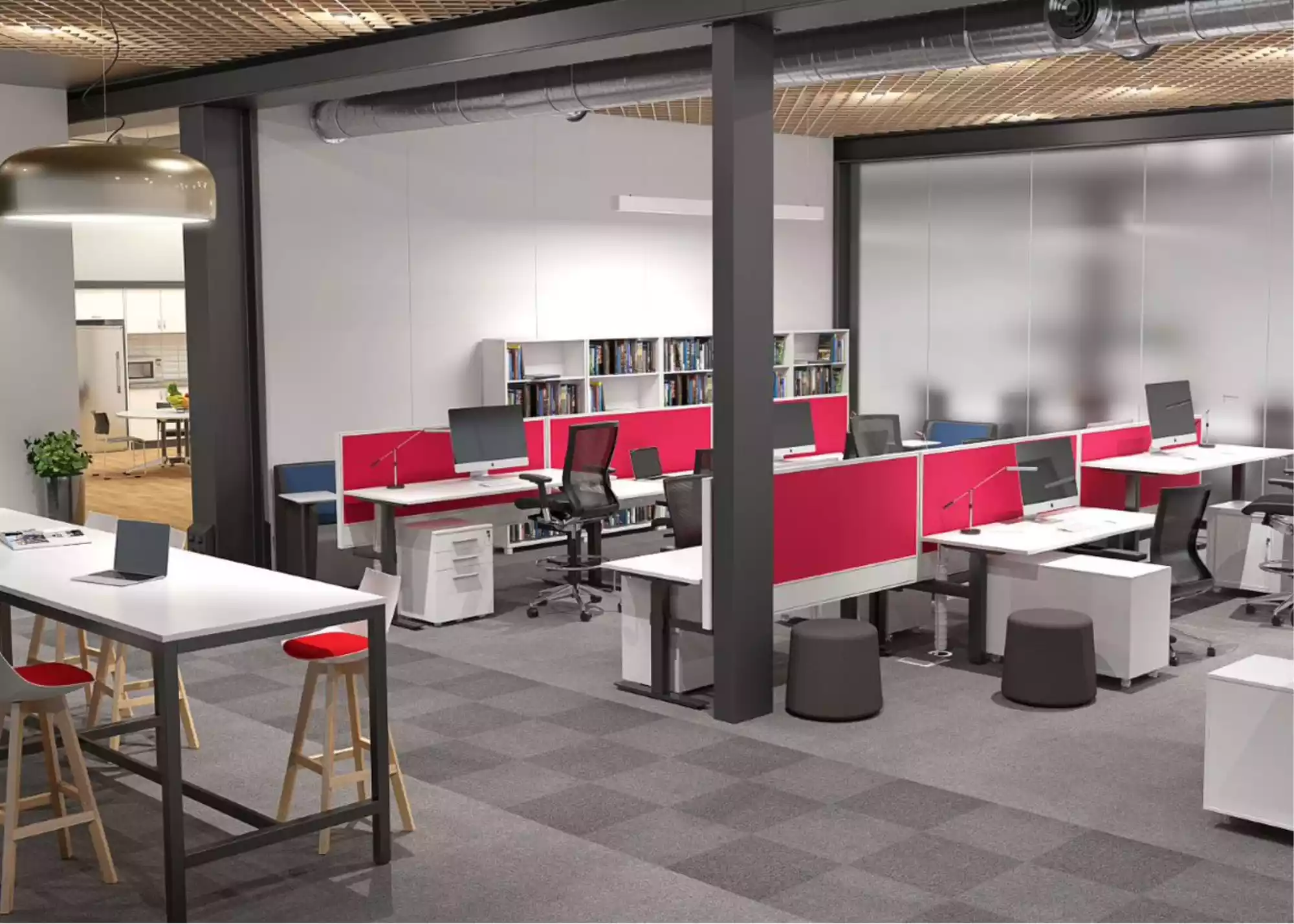 Collaborative workspace featuring ergonomic chairs and bright lighting.